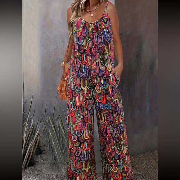Pants - Boho Abstract Geo Print Cami Top Wide Leg Palazzo Pants Jumsuit